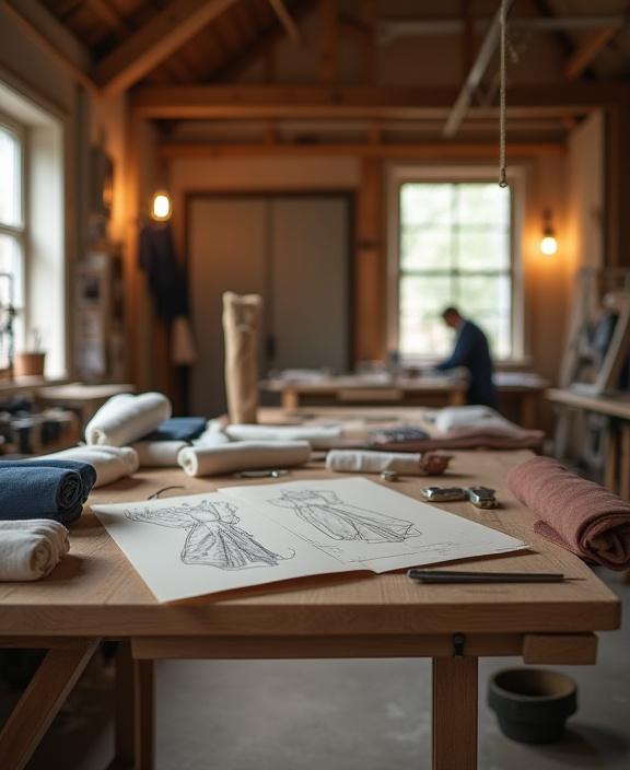 Interiør fra Stoff & Stils verksted med stoffruller og designskisser.